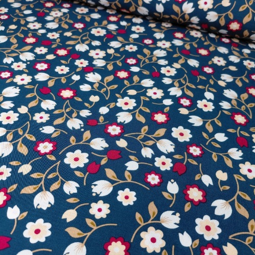 پارچه نخی گلدار زمینه آبی مایل به سرمه ای (N09)