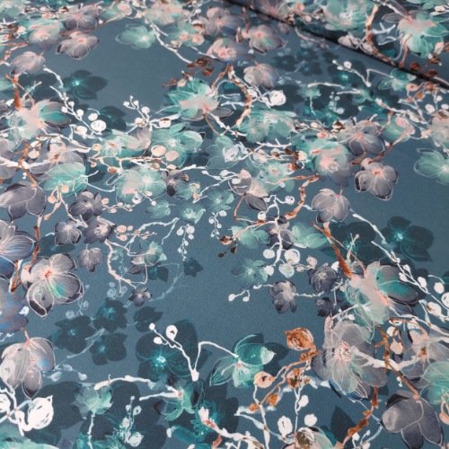 پارچه کرپ بوگاتی زمینه نیلی گل سبز ( G04)